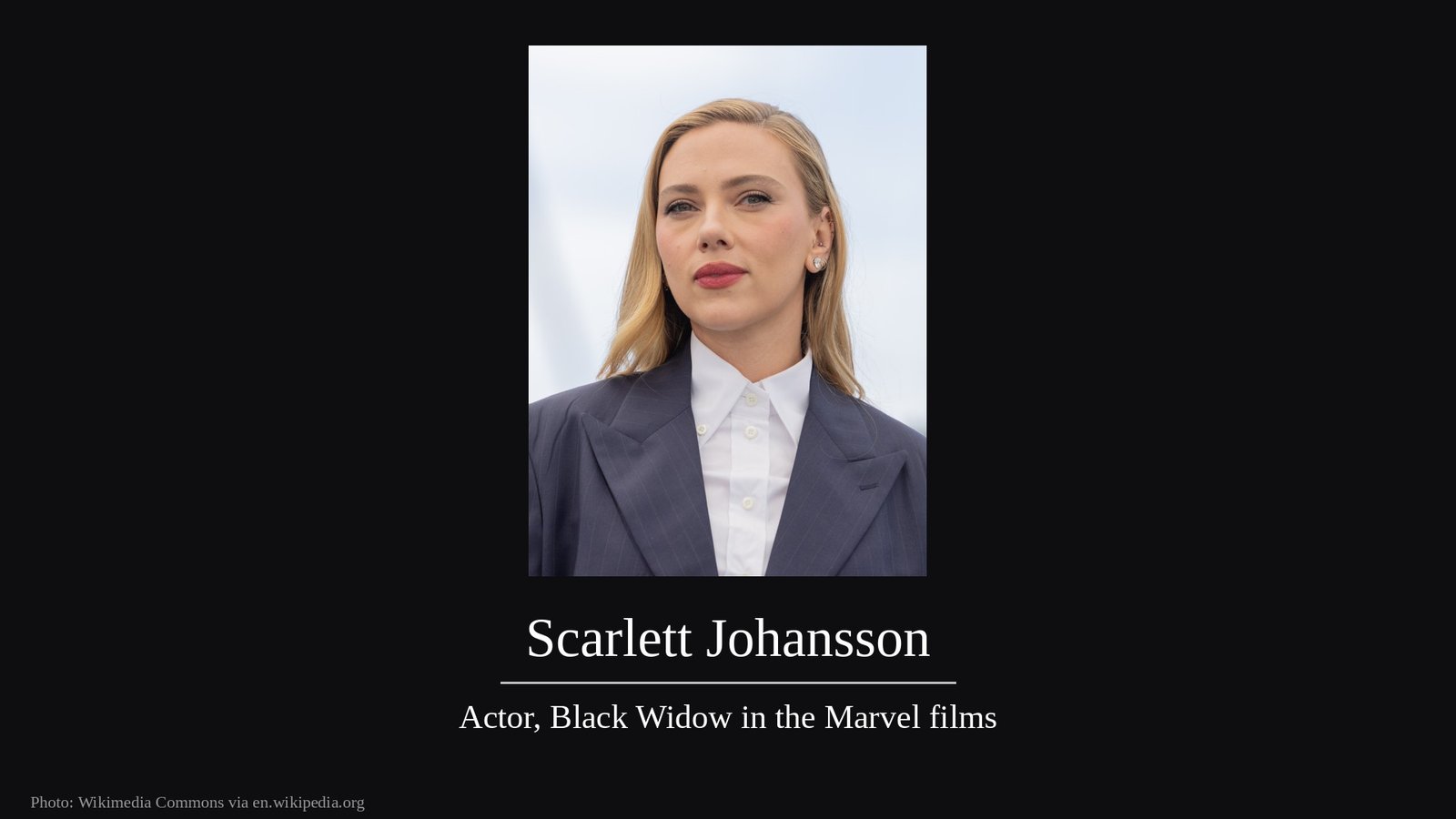 Scarlett Johansson portrait title card: Actor, Black Widow in the Marvel films