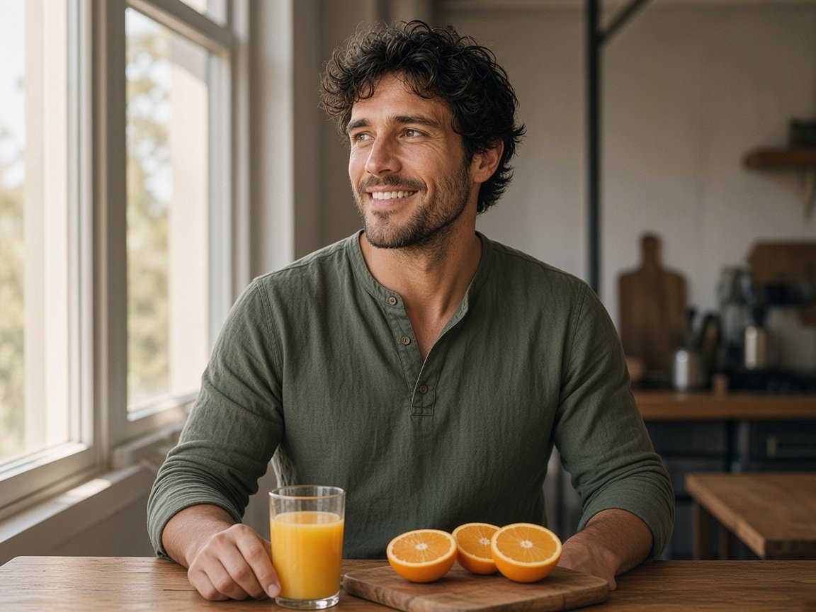 Marcus in the sunlit kitchen with fresh oranges and orange juice for daily Vitamin C immune and collagen support