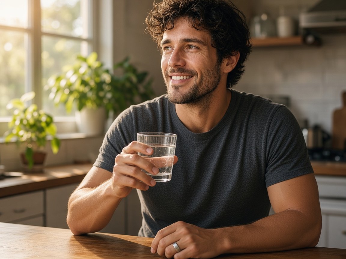 Marcus enjoying morning sunlight and hydration in the kitchen for daily Vitamin D3 and K2 wellness